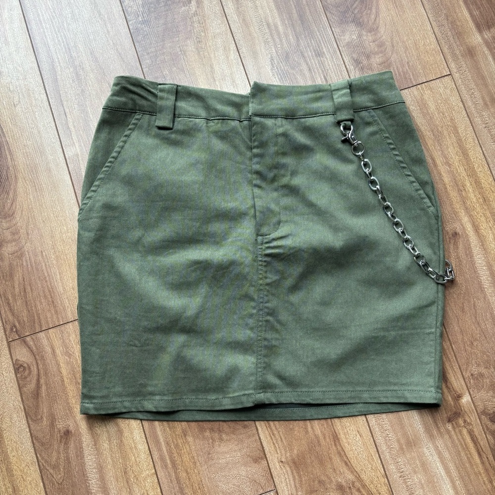 Mini Skirt with Silver Side Chain - Olive Green